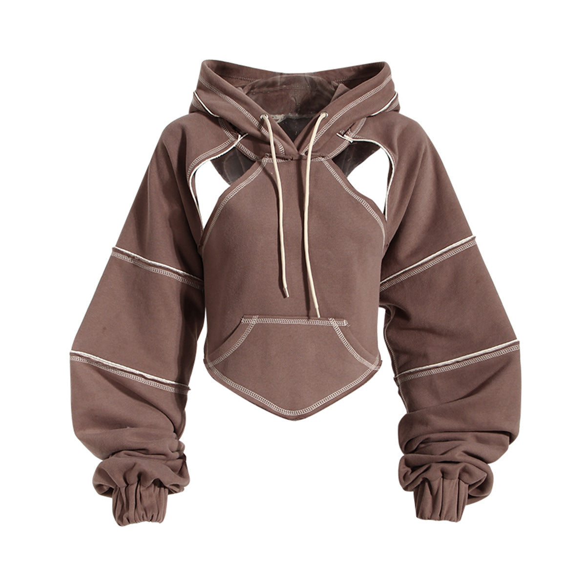 Contrast topstitched short hooded sweatshirt for women layered blouse waistcoat long-sleeved top