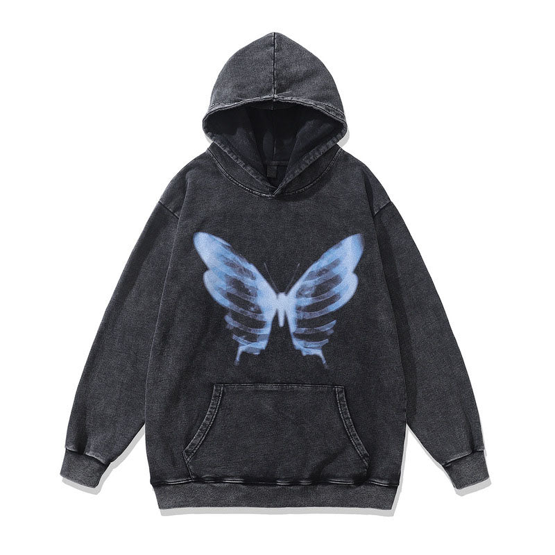 Retro heavy butterfly print hooded sweatshirt for men hip hop street jacket for women