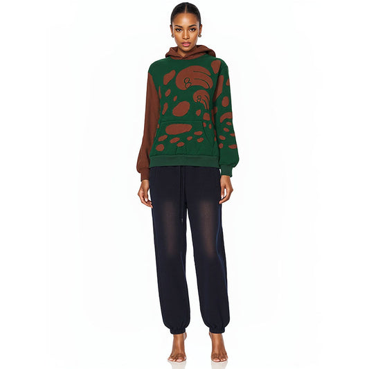 Wave double layer hollow patchwork patch plus velvet hooded sweatshirt for men and women