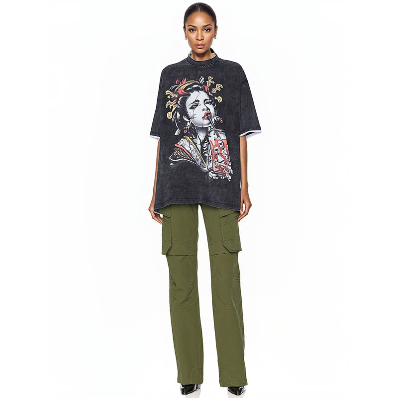 Hip-hop retro cartoon print long-sleeved T-shirt washed and distressed trendy brand bottoming sweatshirt for men