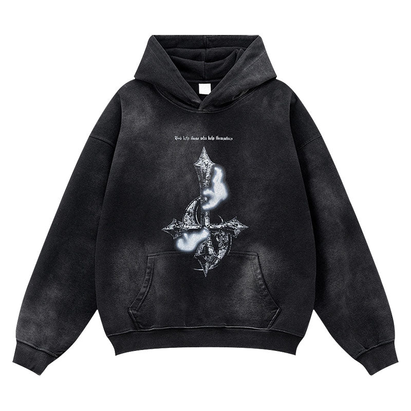 Men's Autumn Washed Heavy Metal Print Hooded Sweatshirt for Men