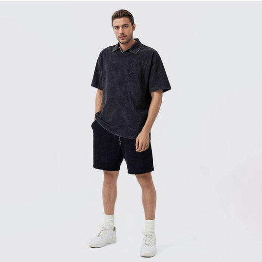 Men's Spring and Summer Washed Lapel Short Shirt Men's Teenagers Loose Resort Style Cuban Collar Short Shirt T-Shirt for Men