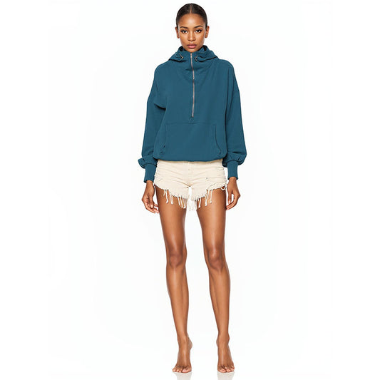 Half Zip Cropped Sweatshirts Hooded Pullover Fall Long Sleeve Zipper Hoodies Drawstring Tops for Women