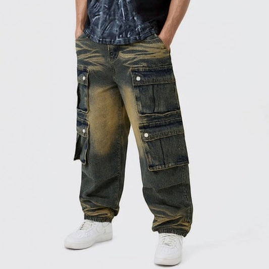 Straight tie-dyed multi-pocket cargo jeans