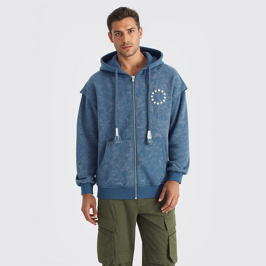 Men's hooded zippered sweatshirt men's autumn trend detachable distressed printed jacket