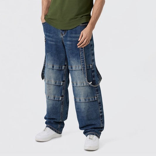 Washed distressed straight-leg jeans