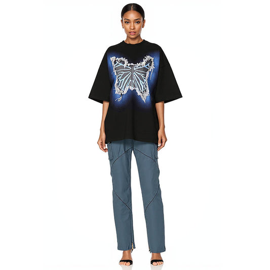 Men's fashion brand design Douyin network red butterfly denim sticker decoration couple Instagram student short sleeve T-shirt woman