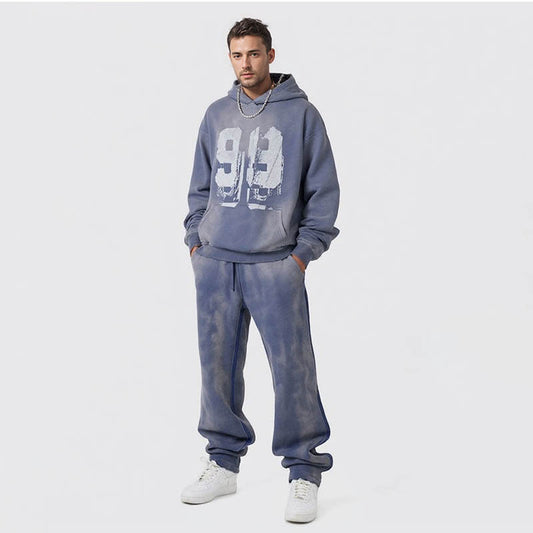 Men's Autumn and Winter Washed Retro Graffiti Paint Printed Velvet Hooded Sweatshirt Men's Top