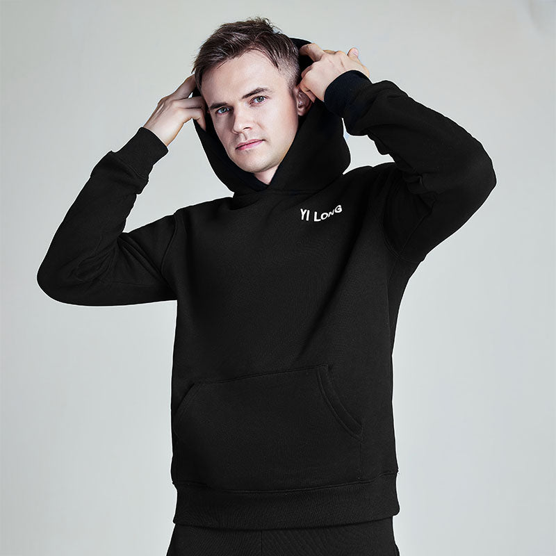 Black long-sleeved sweatshirt printed fleece hoodie for men