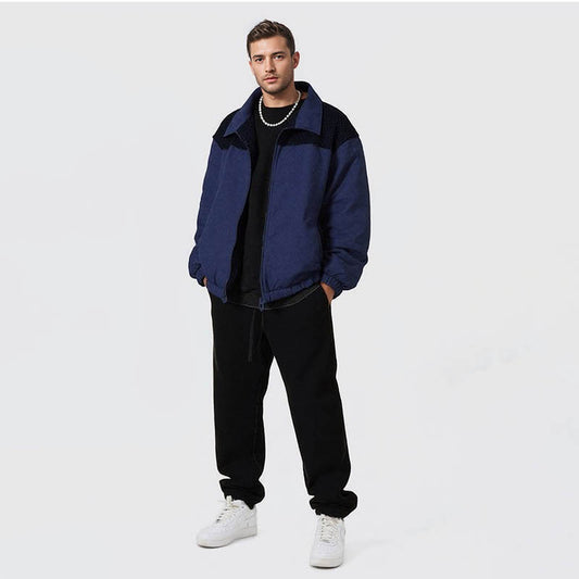 Men's Fleece Jacket Long Sleeve Full Zip Color Block Cardigan Men's Jacket Coat with Pockets