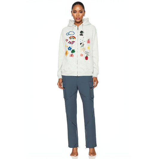 Men's autumn new cute style cartoon fun embroidered cardigan hoodie sweatshirt for men and women