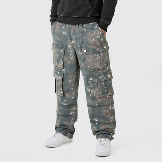 tie-dye pleated denim cargo pants