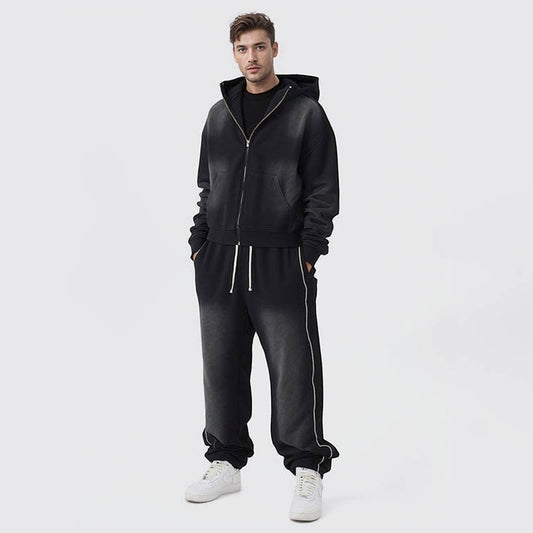 Men's loose short style spray-on zipper sweatshirt high quality heavyweight 100% cotton distressed washed sweatshirt