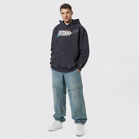 High street funny print heavy hoodie retro hip hop street distressed hoodie men