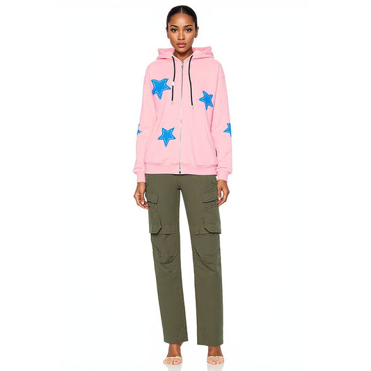 Oversized Crewneck Sweatshirt Women Autumn Trendy Vintage Star Patch Zip Up Hooded Jacket Loose Casual Couple Hoodie