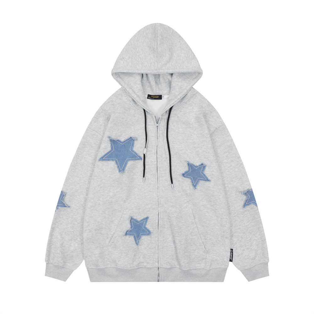 Oversized Crewneck Sweatshirt Women Autumn Trendy Vintage Star Patch Zip Up Hooded Jacket Loose Casual Couple Hoodie