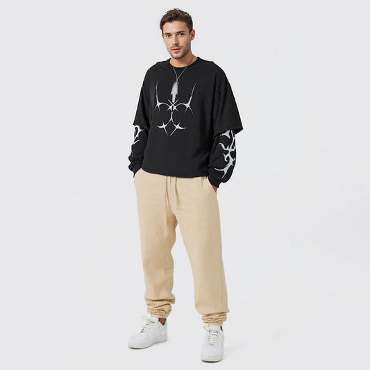 New Spring and Autumn Printed Round Neck Long Sleeve T-Shirt Men's Retro Washed Fake Two-Piece Loose Men's Long T-Shirt