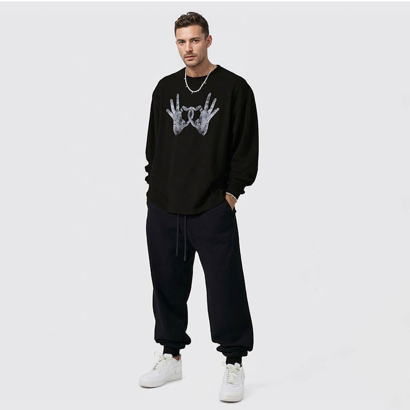 Men's Autumn Loose Campus Unisex Original Design Heart Gesture Print Long Sleeve T-Shirt for Men