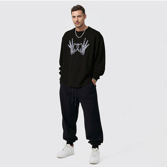Men's Autumn Loose Campus Unisex Original Design Heart Gesture Print Long Sleeve T-Shirt for Men