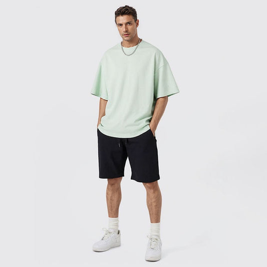 Double yarn pure cotton short-sleeved men's and women's loose casual off-shoulder T-shirt customization