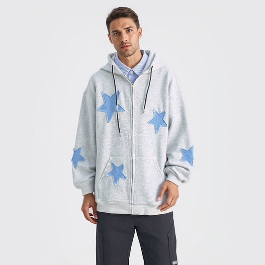 Men's cardigan sweatshirt with embroidered stars autumn and winter trend loose plus velvet thick hooded jacket