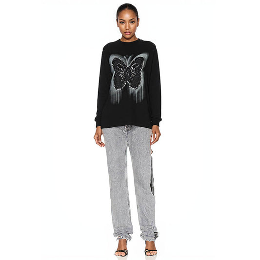 Butterfly patch tassel design long-sleeved T-shirt for men and women loose couple casual autumn bottoming shirt