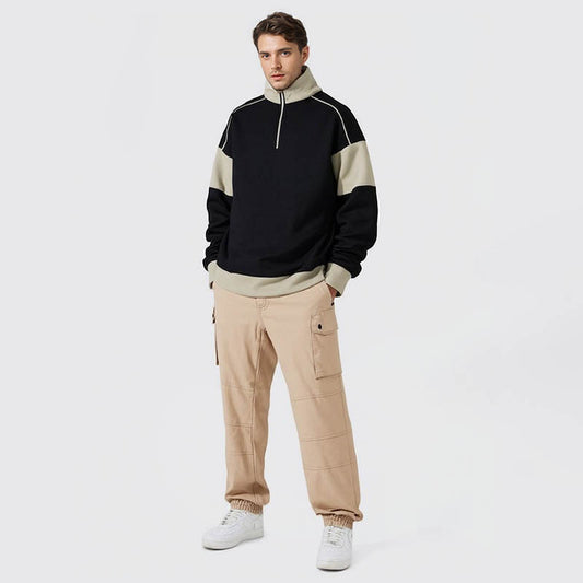 Autumn sweatshirt loose pullover stitching contrasting color fashion casual sweater 360g round neck men's jacket