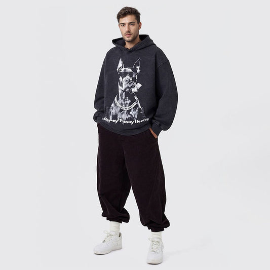 High Street Retro Sweatshirt Washed Doberman Print Hoodie Hip Hop Couple Tops Unisex