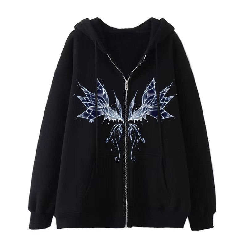 Dark style hip hop goth butterfly print zipper hoodie Harajuku jacket sweatshirt