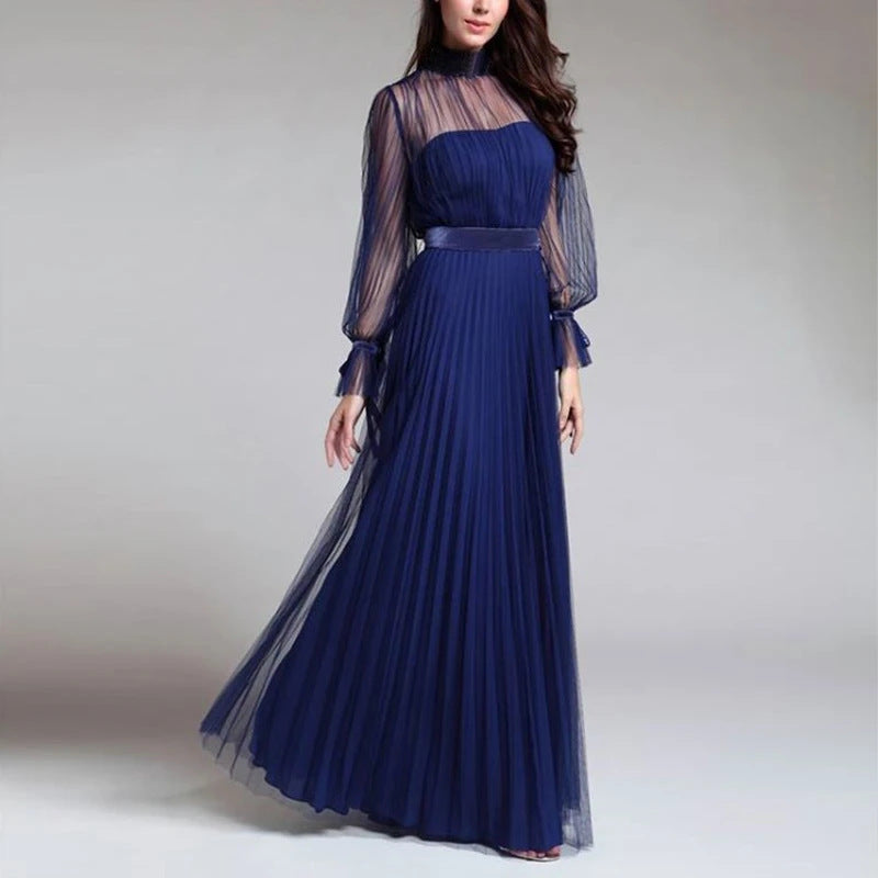 Fashion Dress Blue Temperament Evening Dress Slim Dinner Dress Long Net Yarn Women's Sexy Fashion Street Dress