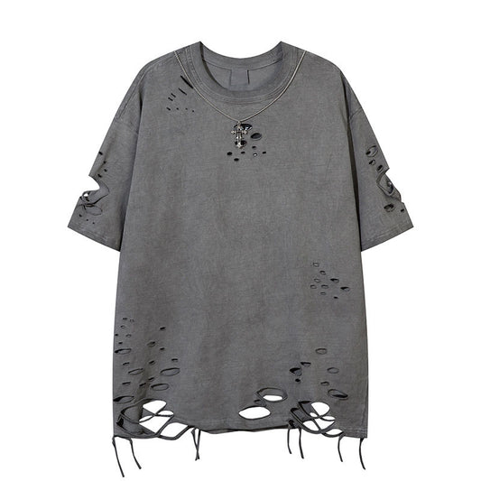 Summer new style retro distressed hole necklace T-shirt loose lazy short-sleeved men's T-shirt