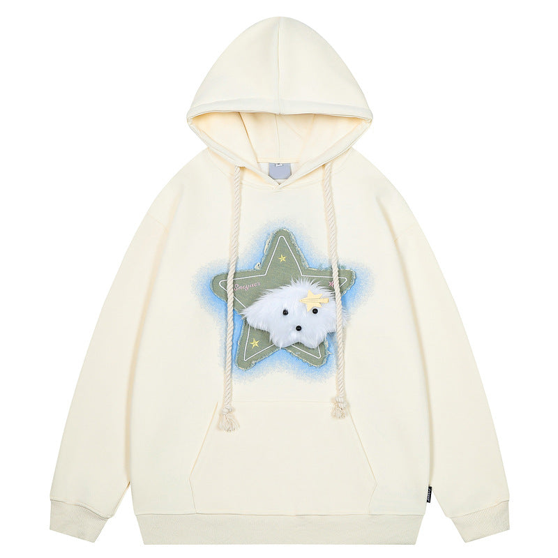 Three-dimensional patch embroidery removable plush puppy design hooded sweatshirt for men and women loose hoodie for couples