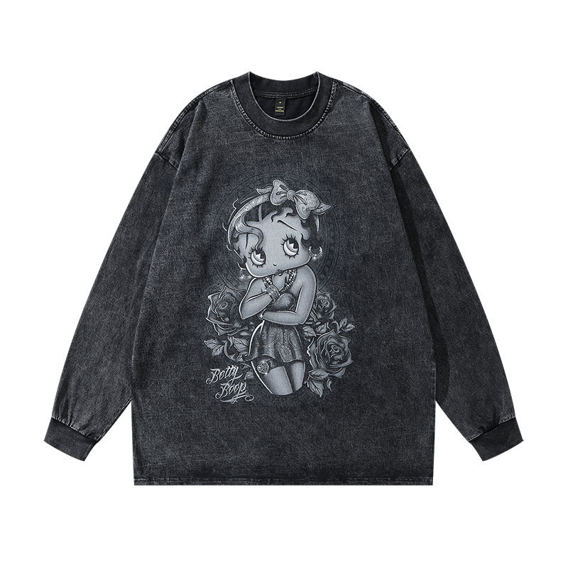 Hip-hop retro cartoon print long-sleeved T-shirt washed and distressed trendy brand bottoming sweatshirt for men