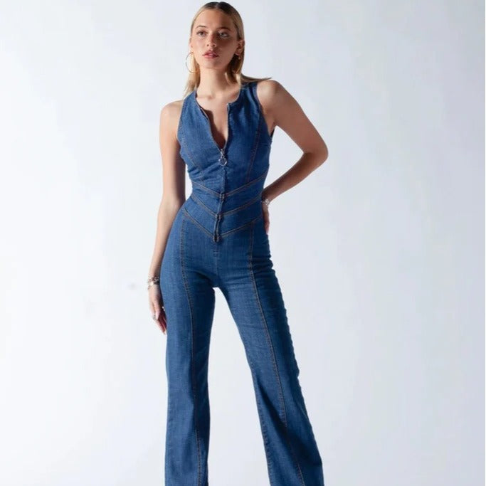 Womens Sexy Slim Fit High Waist Denim Jumpsuit Sleeveless Zipper Backless Wide Leg Rompers