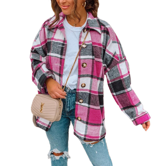 Sassy Fuchsia Plaid Flannel Button Down Shacket top shirt