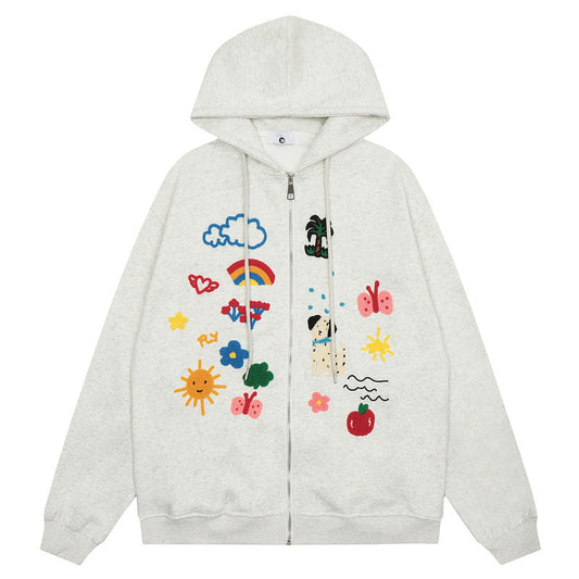 Men's autumn new cute style cartoon fun embroidered cardigan hoodie sweatshirt for men and women