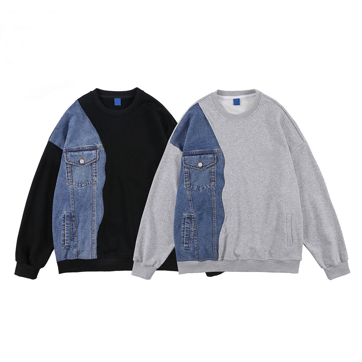 Fashion men's sweatshirt spring and autumn denim stitching loose men's and women's tops round neck long sleeves