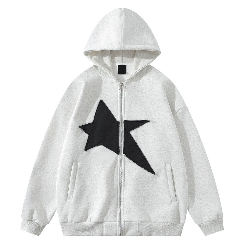 Star pattern patch decorated zipper sweatshirt for men and women in spring and autumn loose couple sports coat