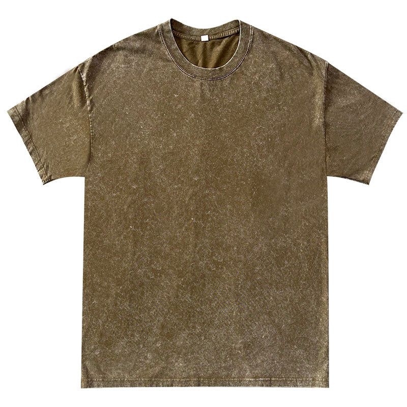 Washed distressed short-sleeved retro batik cotton loose round neck t-shirt for men