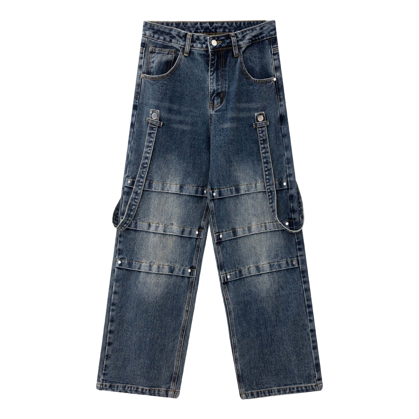 Washed distressed straight-leg jeans