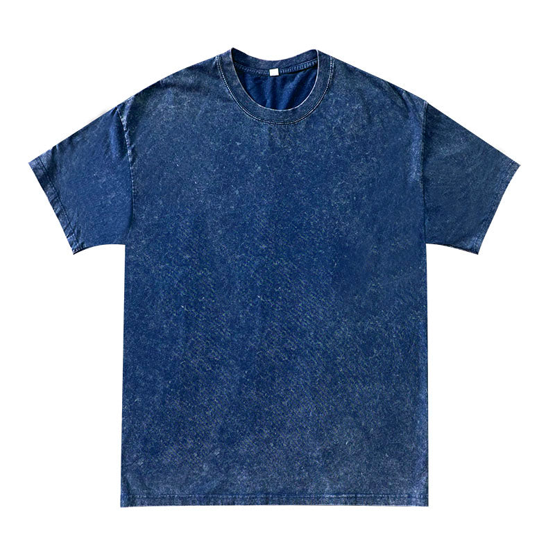 Washed distressed short-sleeved retro batik cotton loose round neck t-shirt for men