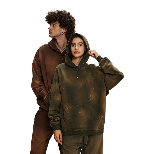 Autumn and winter 450g terry distressed men's and women's street suits retro loose washed hooded sweatshirts