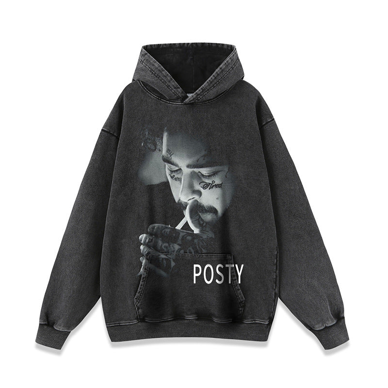 High street dark hip-hop portrait print old washed sweatshirt men and women fashion hoodie sweatshirt