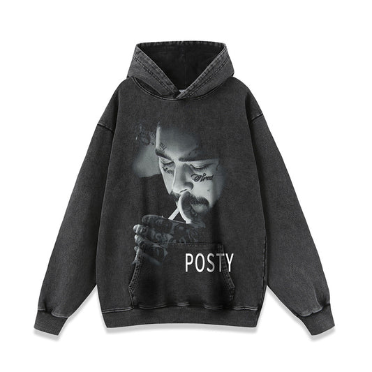 High street dark hip-hop portrait print old washed sweatshirt men and women fashion hoodie sweatshirt