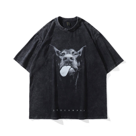 Doberman print washed retro high street popular round neck short-sleeved T-shirt for men and women street