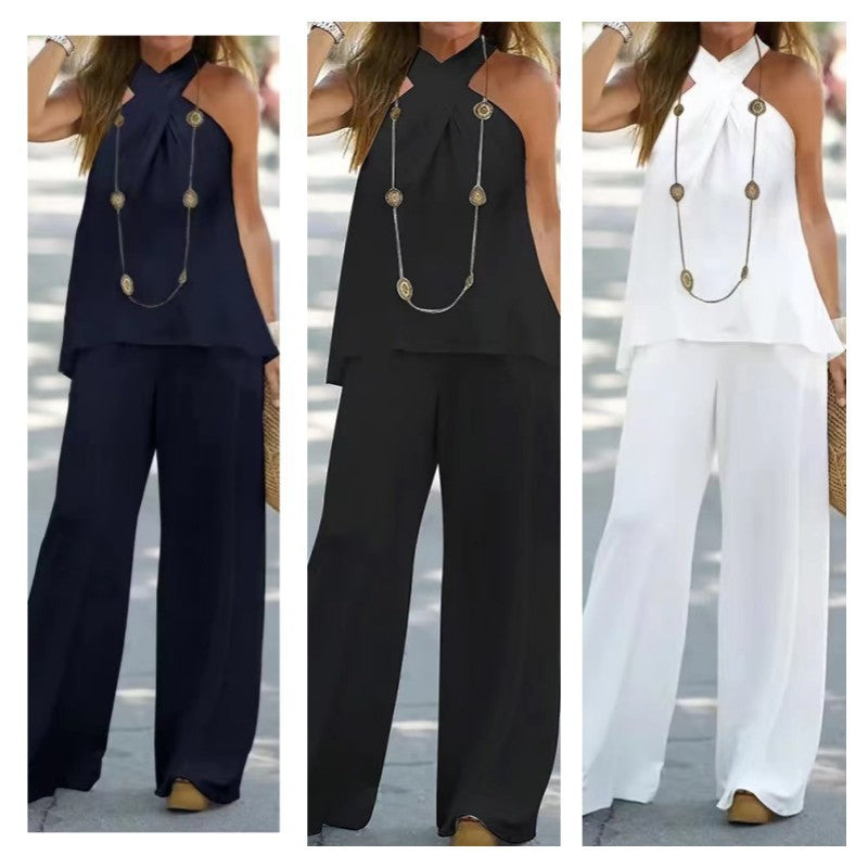 Women Two Piece Outfits Sets Loose Fit Cirsscross Halter Neck Tank Top Wide Leg Pants Slim Fit Summer Sets