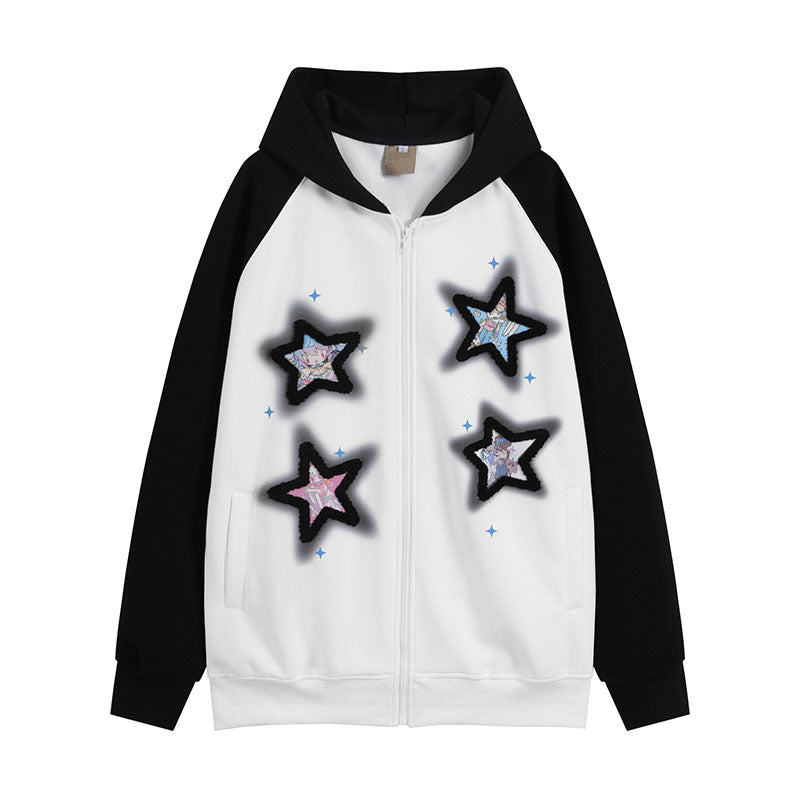 Autumn and winter sweatshirt jacket dopamine star patch embroidered sweatshirt men and women zipper hooded sweatshirt