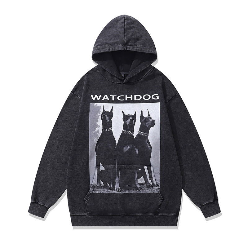 High Street Trendy Brand Hooded Sweatshirt Doberman Printed Hoodie Heavy Cotton Distressed Loose Couple Sweatshirt Men