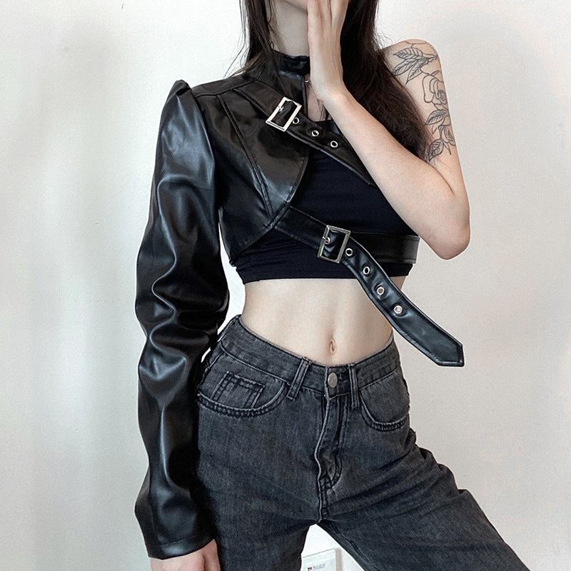 Women Punk Style Crop Tops, Cool Single Long Sleeve Neck Hanger Leather Belt