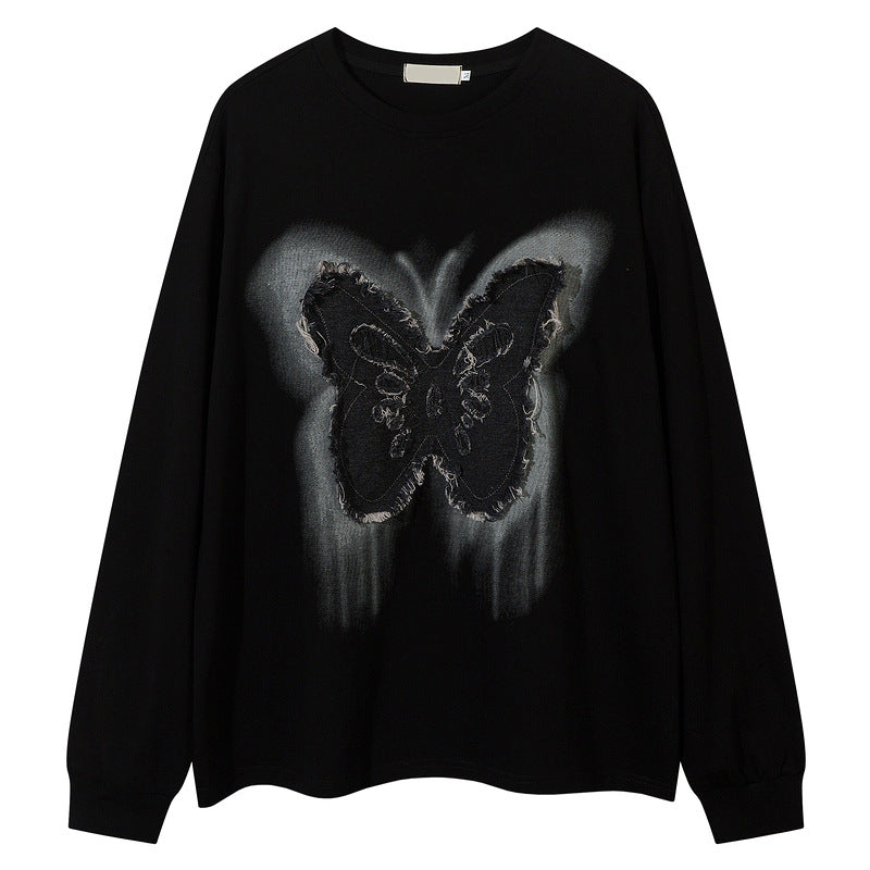 Butterfly patch tassel design long-sleeved T-shirt for men and women loose couple casual autumn bottoming shirt